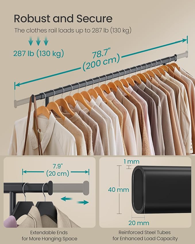 SONGMICS Clothes Rack with Wheels, Heavy-Duty Clothing Rack for Hanging Clothes, Portable, 17.7 x (63-78.7) x 63.6 Inches, wi