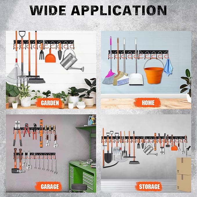 ELEAD 68'' All Metal Adjustable Garden Tool Organizer: Garage Tool Organizer Wall Mount with Orange Hooks, Garage Organizers 