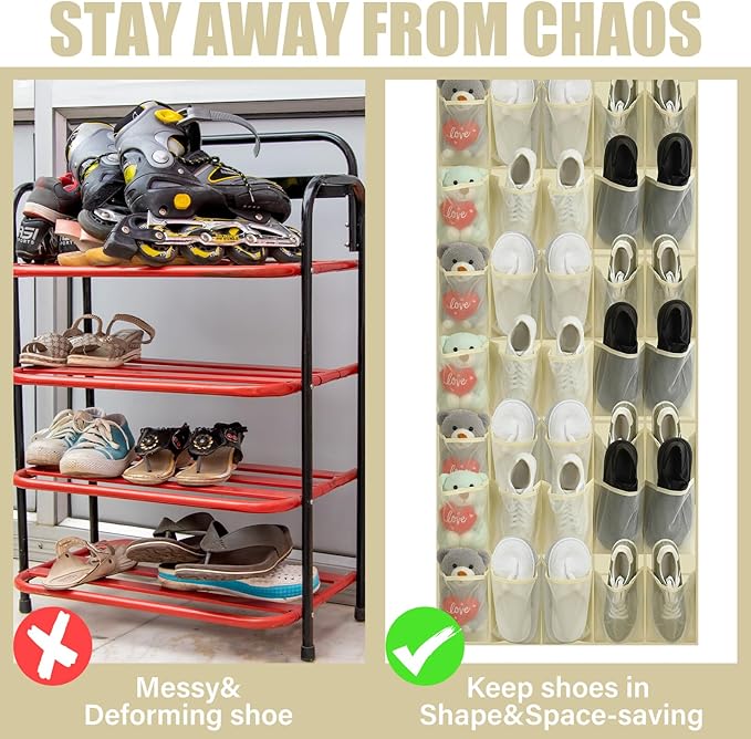 Windyun 40 Over the Door Shoe Organizer Large Breathable Mesh Pockets Hanging Shoe Rack for Closet Beige Behind Door Hanger S