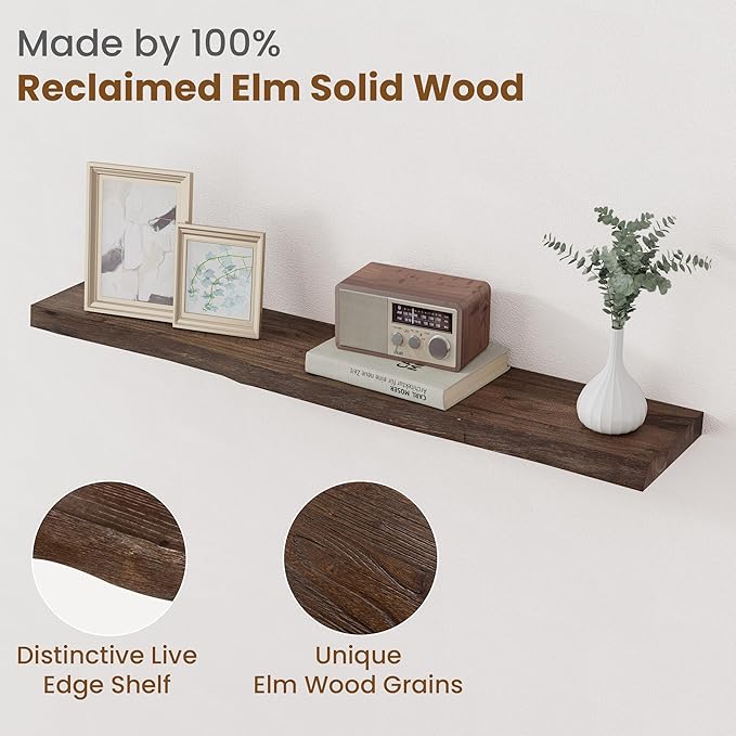 Floating Shelves for Wall Decor, Rustic Solid Elm Wood Live Edge Floating Shelves Wall Mounted, Wall Shelves with Invisible B