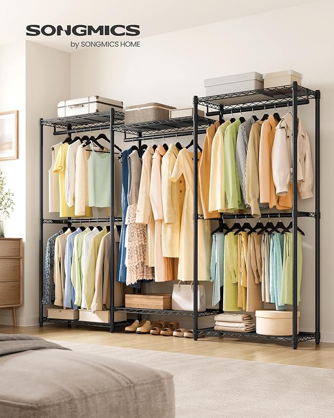 SONGMICS Heavy-Duty Clothes Rack, Garment Rack, Portable Closet, 86.4-Inch Wide Clothing Rack with Adjustable Mesh Shelves an