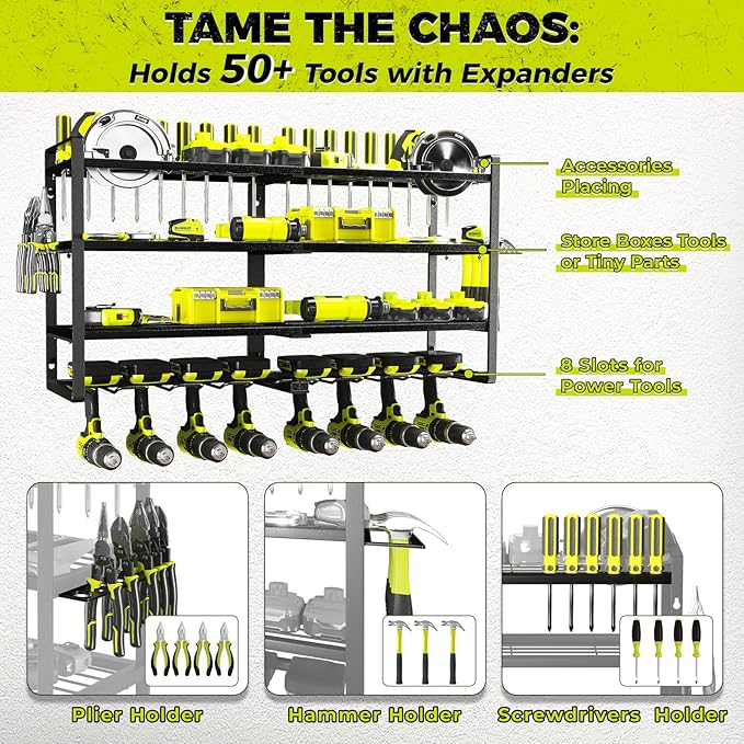 KAFAHOM Power Tool Organizer-8 Drill Holder Wall Mount,4 Layer Heavy Duty Metal Power Tool Storage Rack,Garage Tool Organizer