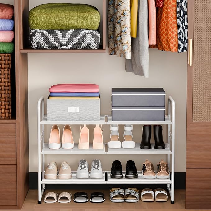 SUFAUY 3 Tier 33" Wide White Metal Shoe Rack for Closet, Stackable