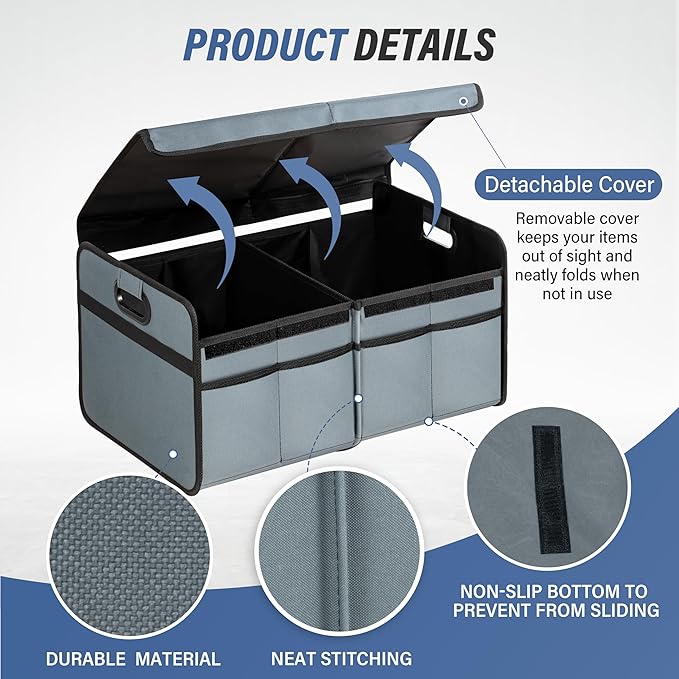 Simple Deluxe Car Trunk Organizer with Lid, Collapsible 2 Compartment 50L Automotive Storage Box with 5 Pocket, 600D Waterproo