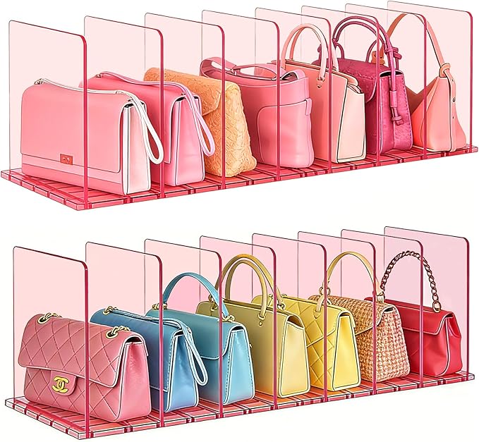 SortNStore Purse Organizer for Closet: Shelf Dividers Adjustable Acrylic Bag Closet Organizers and Storage Pink 4 Bases 14 Sh