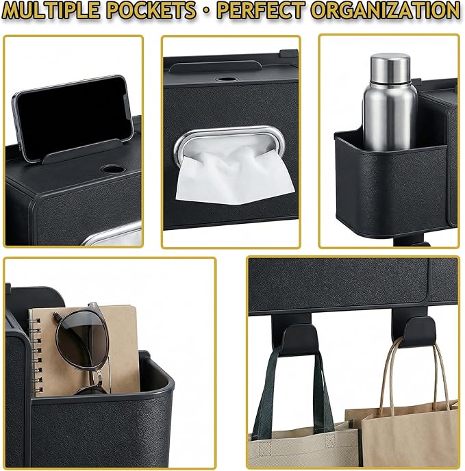 Backseat Car Organizer, 4 in 1 Multifunctional Car Back Seat Storage Organizer with Tissue Box, 2 Cup Holders, Phone Stand and Hooks, Automotive Seat Back Organizers (Orange)