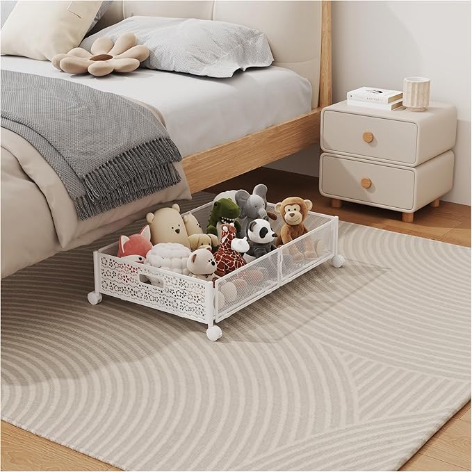 Under Bed Storage with Wheels, Foldable Pattern Carved Metal Under The Bed Storage, Tool-Free Assembly Underbed Storage, 60L 