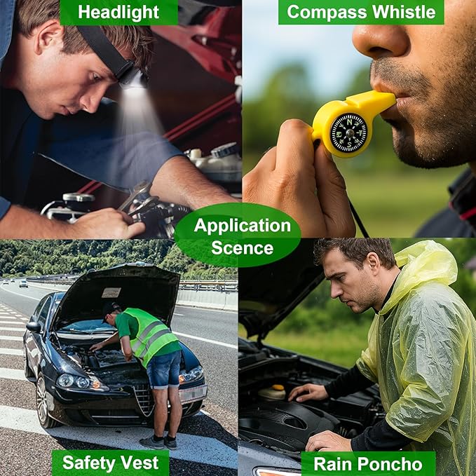 HolaKit Car Emergency Kit – Roadside Safety Kit with Jumper Cables, LED Headlamp, First Aid, EVA Bag, Poncho, Safety Vest & M