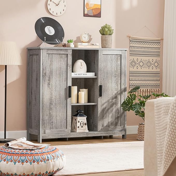 Iwell Storage Cabinet with 2 Doors and 4 Adjustable Shelves, Buffet Cabinet with Storage, Floor Cabinet for Living Room, Entr