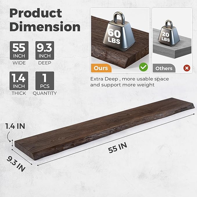 Live Edge Elm Floating Shelves For Wall - 55" W x 9.3" D Rustic Solid Long Wood Shelves with Invisible Bracket, Wall-Mounted 