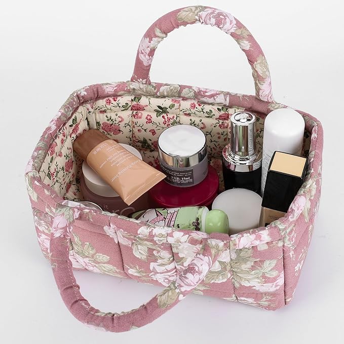 Small Storage Basket Organizer, Mini Fabric Floral Storage Baskets with Handle, Quilted Portable Collapsible Storage (D)