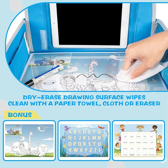 MENZOKE Kids Travel Tray, Car Seat Tray for Kids Travel, Toddler Essentials Girls with Tablet Holder, Road Trip Essentials wi