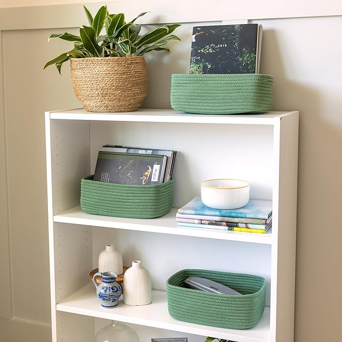 NaturalCozy 11.8"x8"x4.5” Rectangle Storage Baskets for Shelves 3 Pack | Cotton Rope Woven Small Baskets for Organizing | Sma