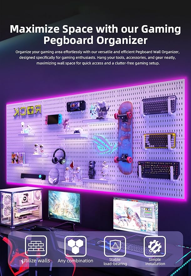 Wall Organizer Peg Board - Elevate And Declutter Your Gaming And Office - Create A Perfectly Structured Space(Black)