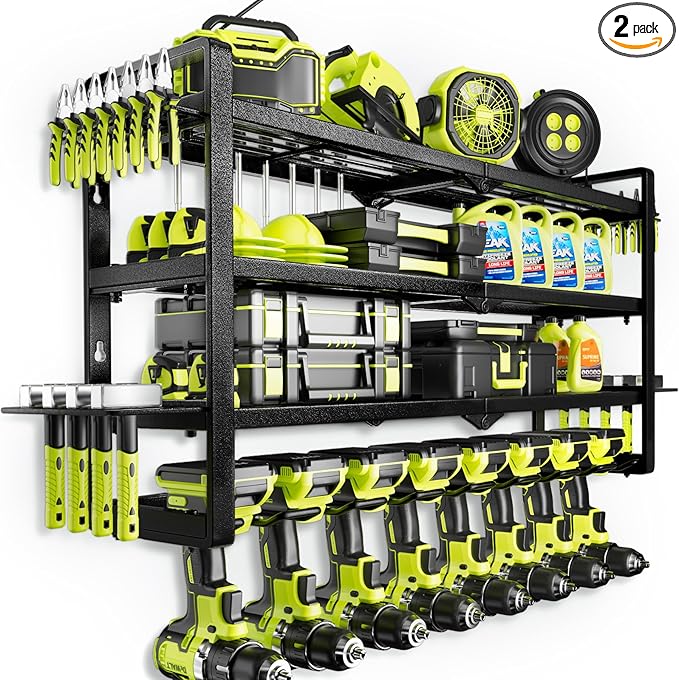 Hipidian Power Tool Organizer Wall Mount - Storage Rack with 4 Drill Holders for Drills Cordless Tools. Heavy Duty Iron Garag