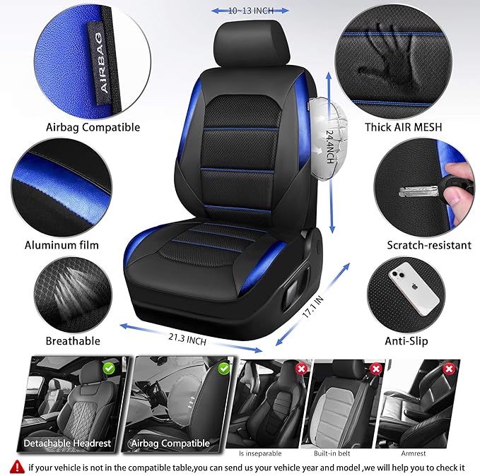 CAR PASS Memory Foam Leather Seat Covers,Air Cool Mesh Thick Car Seat Covers Front Seats Blue Leather Seat Covers for Cars Un
