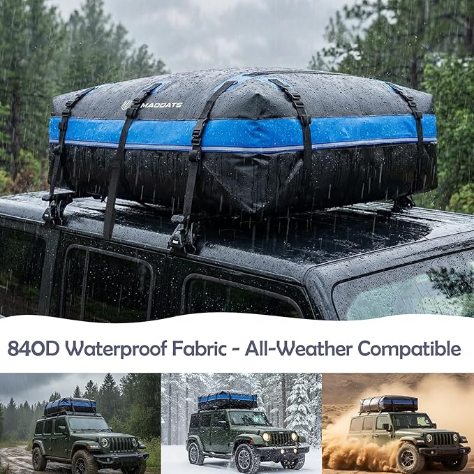 Rooftop Cargo Carrier, 22 Cubic Ft Car Roof Cargo Carrier for All Vehicles, 840D Waterproof Car Top Carrier with Anti-Slip Mat, 6 Hooks, Storage Bag,Zipper Lock for Tripping & Moving - Blue
