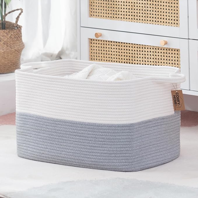 COMFY-HOMI Large Rectangle Laundry Storage Basket | Cotton Rope Woven, Organizing with Handle | Dirty Cloth & Baby Shower Bas
