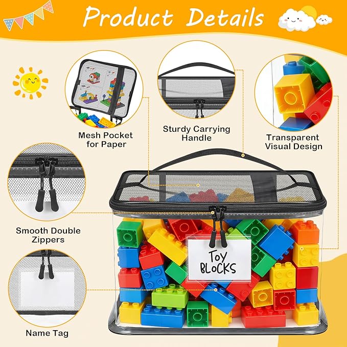 6 Pack Large Toy Storage Bags, Clear Toy Organizer with Labels, Waterproof PVC Toy Organization and Storage for Building Bloc