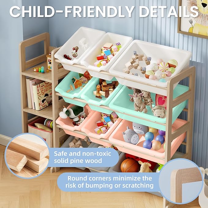 Toy Storage Organizer - Toy Organizers and Storage with Bookshelf, Toy Storage Shelf with 3 Shelves and 12 Storage Bins, Kids