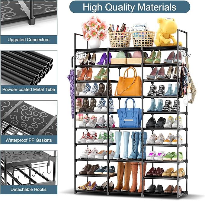 Kottwca 3 Row 10 Tier Large Shoe Rack Organizer for Closet Entryway, 60-65 Pair Shoe Boot Storage Rack, Metal Shoe Shelf Tall