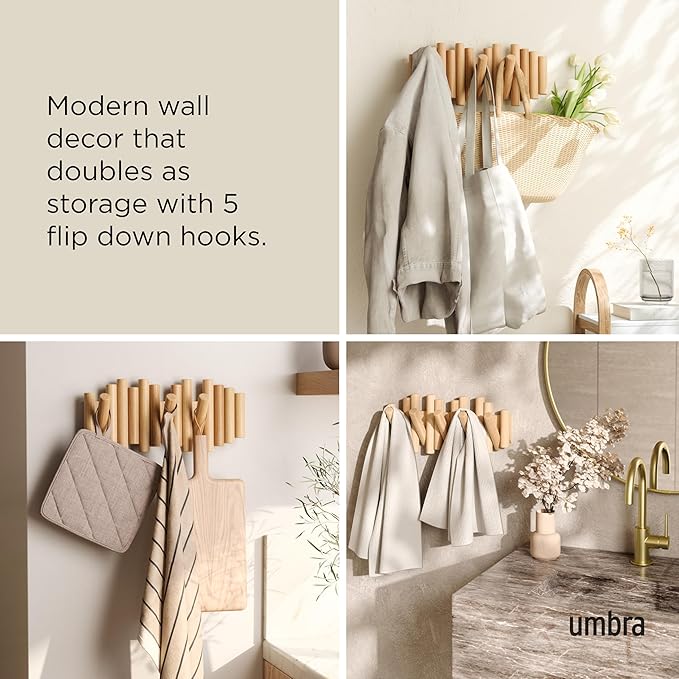 Umbra Picket Coat Rack Wall Mount – 5 Flip-Down Wood Coat Hooks, Modern & Functional Storage, Easy Install Wall Hooks, Natura