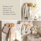 Umbra Picket Coat Rack Wall Mount – 5 Flip-Down Wood Coat Hooks, Modern & Functional Storage, Easy Install Wall Hooks, Natura