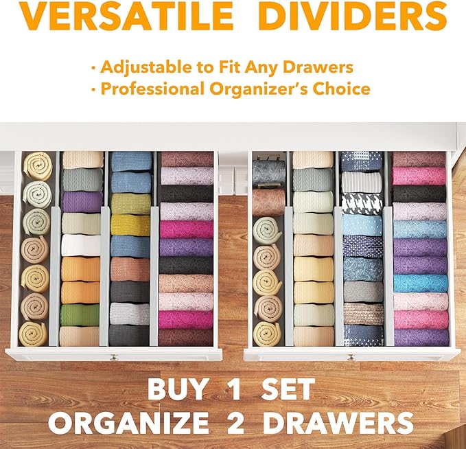 SpaceAid Bamboo Dresser Drawer Dividers 6 Pack, 4.65“ High Adjustable 12.5“-17” Drawer Organizers, Expandable Organization fo