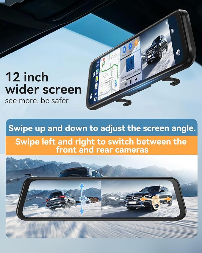 12'' Rearview Mirror Camera with CarPlay&Andorid Auto,4K Mirror Dash Cam Front and Rear Backup Camera with Reverse Assist/Loo