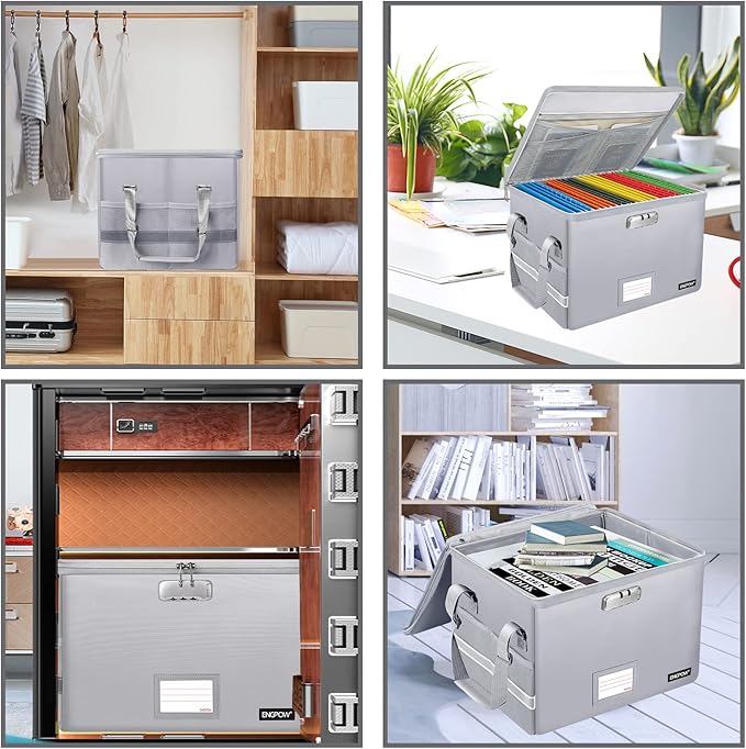 ENGPOW File Box with Lock, Fireproof Document Box with Pockets, Collapsible File Organizer Filing Storage Cabinet with Handle