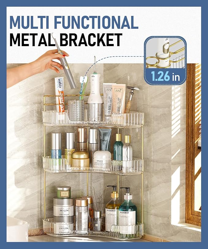 EUHOME 3-Tier Corner Bathroom Counter Organizer Makeup Cosmetic Storage, Tool-Free Installation Acrylic Vanity Shelf, Counter