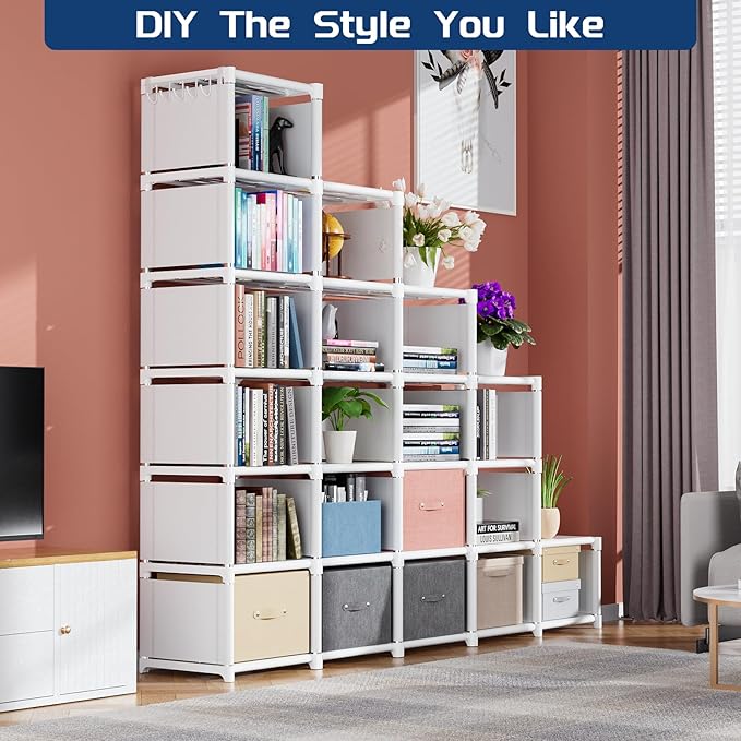 Mavivegue Book Shelf, 20 Cube Storage Organizer, DIY Bookcase, Metal Cube Bookshelf, Tall Book case for Bedroom, Living Room,