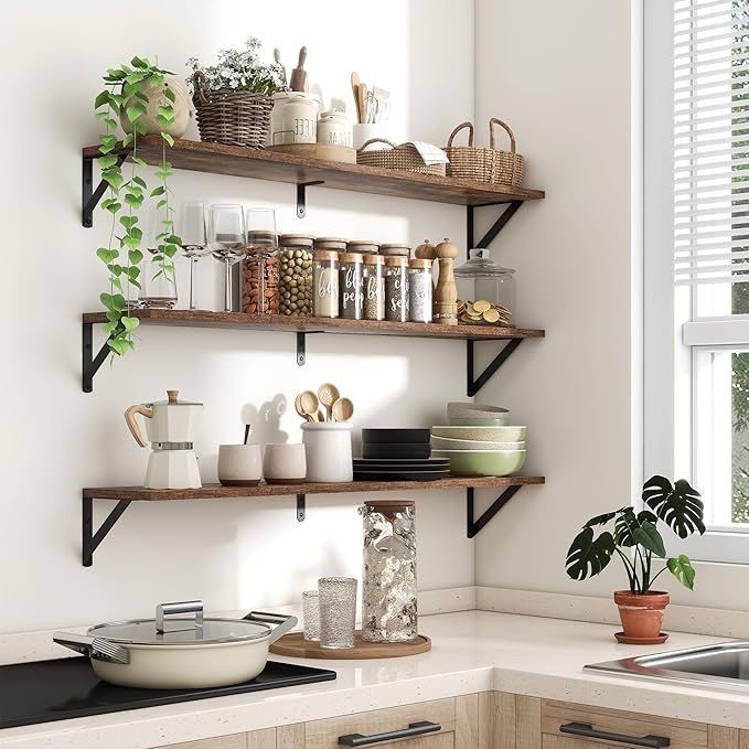 Axeman 40 Inch Floating Shelves | 8 Inch Deep Brown Wall Shelves Set of 2 | 39.4" W x 8" D Rustic Brown Wood Shelves for Bath