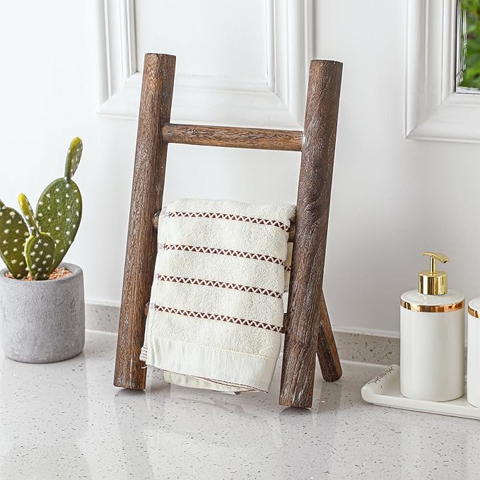 Cinnvoice 2 Pcs Wooden Tea Towel Ladder Rustic Hand Towel Stand Rack Mini Countertop Towel Stand Farmhouse Wood Counter Towel