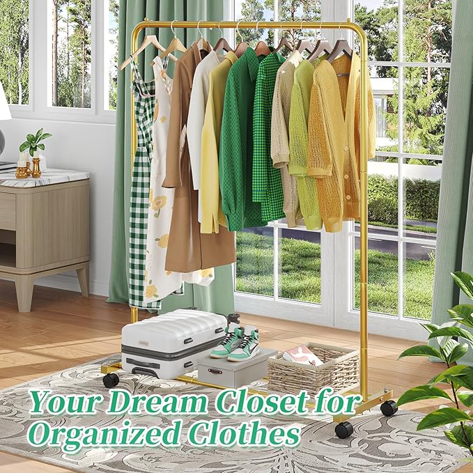 Simple Trending Standard Clothes Clothing Garment Rack with Storage Shelves, Rolling Clothes Organizer on Wheels for Hanging 
