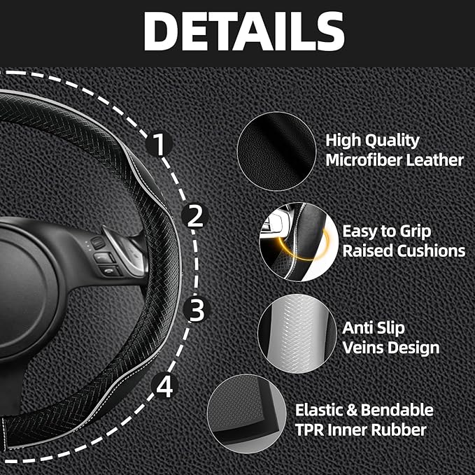NBTEPEM Microfiber Steering Wheel Cover and Waterproof Car Floor Mats, Universal Fit Most Truck, SUV, Cars, 14.5-15inch Sporty Steering Wheel Covers with Anti-Slip Lining (Black with Gray line)
