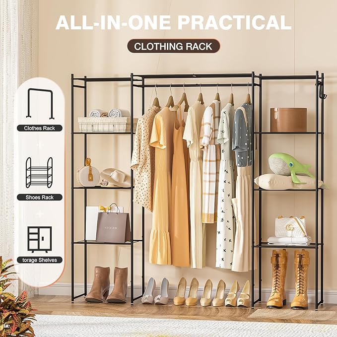 Neprock Portable Closet Wardrobe, Metal Clothing Rack with 8 Shelves & 1 Hang Rod, Free Standing Closet Rack for Hanging Clot