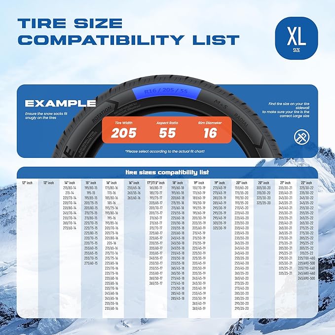 Snow Socks for Tires, Winter Traction Alternative to Snow Chains, Emergency Anti-Slip Tire Covers for Cars/SUVs/Trucks, Reusa