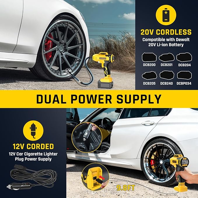 Tire Inflator Portable Air Compressor Compatible with Dewalt 20V Battery, DC 12V Car Power Supply, 160PSI Cordless Air Pump with LCD Pressure Gauge, LED Light, 5 Preset Modes for Car, Bike, Ball