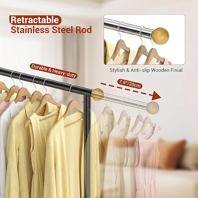 Rolling Clothing Rack with Bottom Storage Shelf & lockable Casters, Multi-tier Retractable Sturdy Garment Rack for Hanging Co