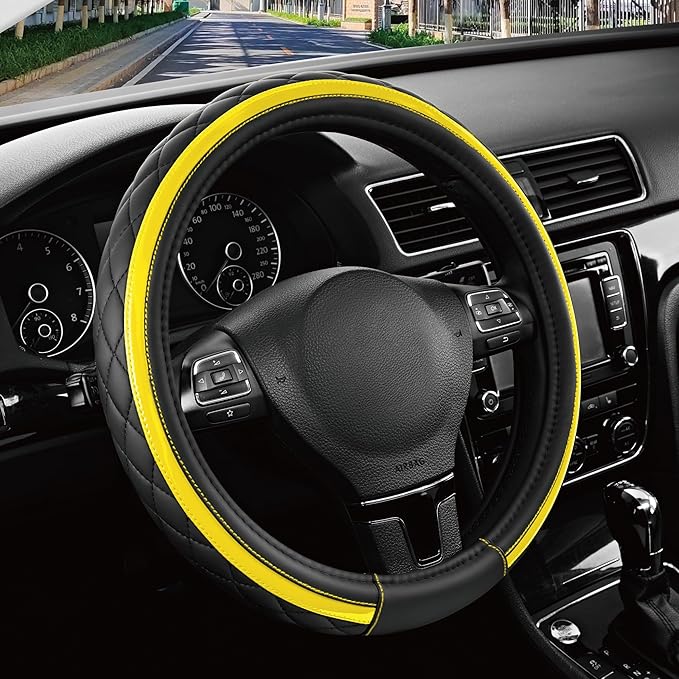 Road Comforts Leather Steering Wheel Cover – Black & Yellow, Universal Fit 14.5-15 Inch, Microfiber Leather, Anti-Slip & Brea
