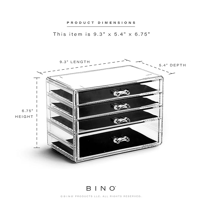 BINO THE MANHATTAN SERIES Acrylic Makeup Drawer Organizer- 4 Drawers | Clear Beauty Organizers and Storage| Cosmetic & Drawer