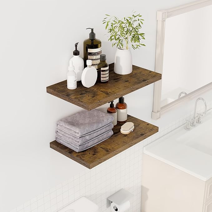 Dreamland 24" Floating Shelves for Wall, 12" Deep Slim Rustic Brown Floating Shelves, Wall-Mounted Shelves for Bedroom, Livin