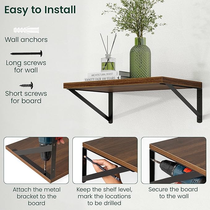 Floating Shelves, 12 Inch Deep Rustic Wood Wall Storage, 36W x 12D Wall Shelves Set of 2, Heavy Duty Metal Brackets, Large In