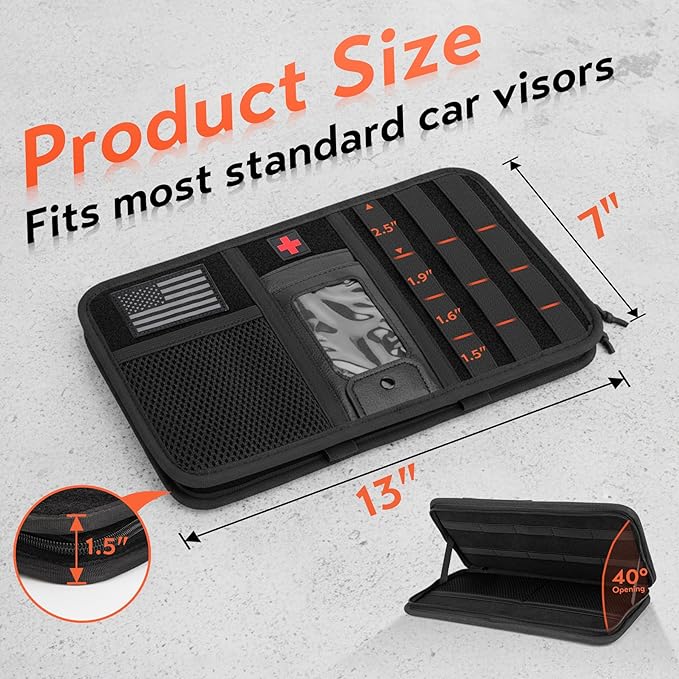 Molle Car Sun Visor Organizer, Tactical Visor Organizer with Zipper Pocket, Glasses Clip & ID Card, Semi-Rigid Molle Panel for Police Gear & Overlanding Accessories, Fit Trucks, SUVs, Jeeps, Black