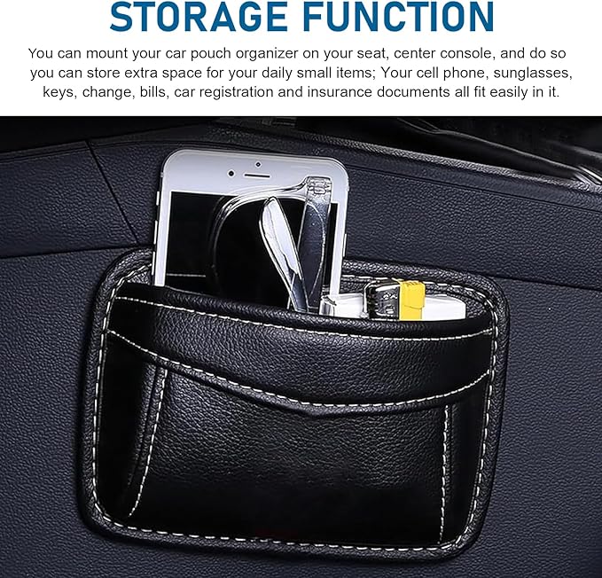 Car Seat Side Pocket Organizer, Premium PU Leather Auto Console Side Pocket, Universal Gap Bag & Pen Holder for Car, Mini Storage Pouch for Phone, Sunglass, Document and Automotive Tray(Black)