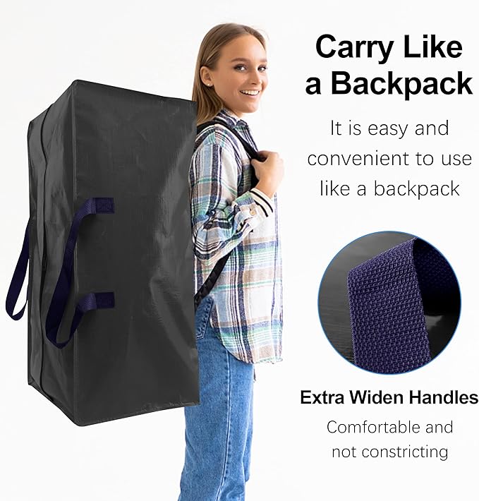 VELVETSURE Heavy Duty Extra Large Moving Bags W/Backpack Straps - Strong Handles & Zippers, Storage Totes For Space Saving, F