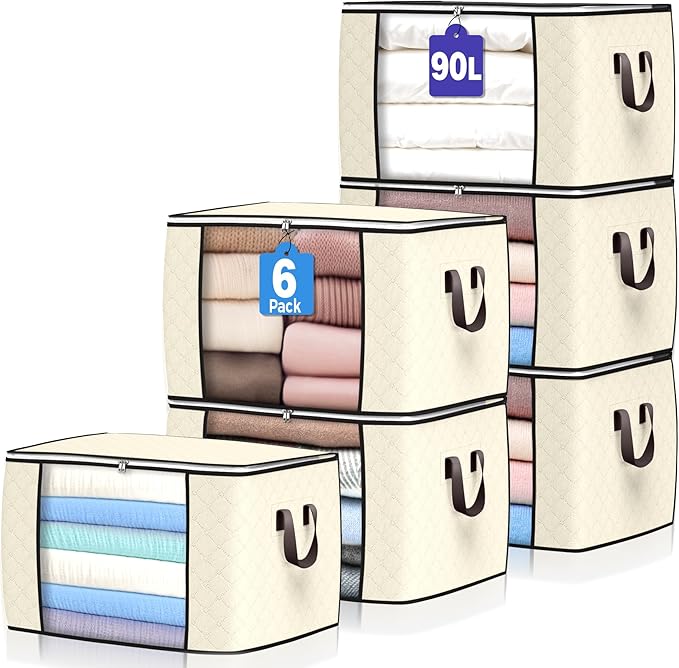 90 L Large Storage Bags, 6 Pack Clothes Storage Bins Foldable Closet Organizers Storage Containers with Reinforced Handle for