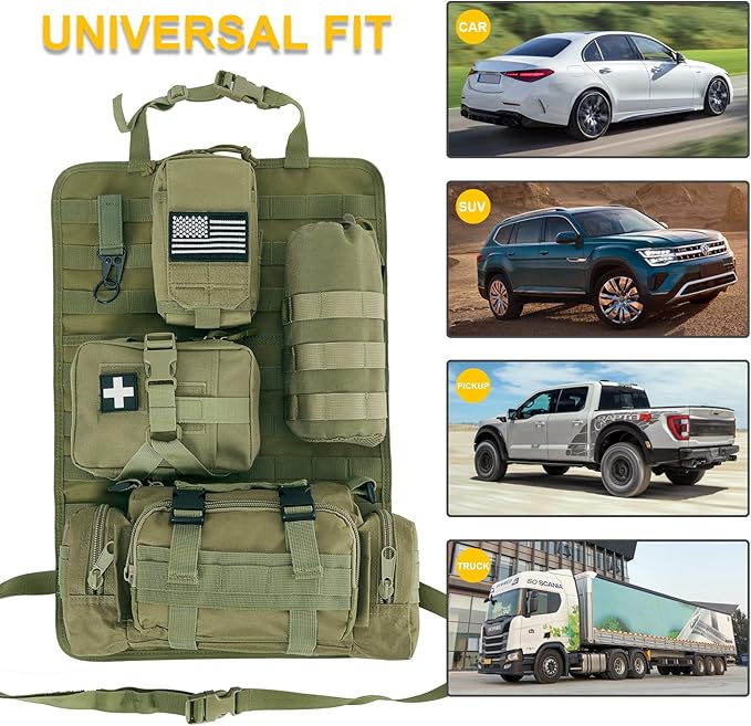 Universal Tactical Car Seat Back Organizer Bag - Molle Vehicle Organizers Panel with 4 Detachable Pouches (Military Green)