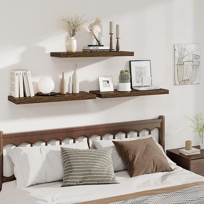 Fun Memories Deep Floating Shelves, 32W x 12D Rustic Brown Wall Shelves, 32 Long Rustic Wood Wide Storage Shelves for Bedroom